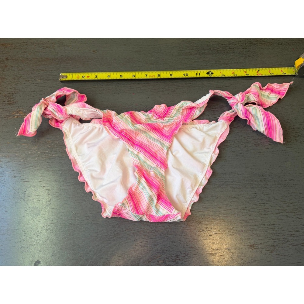 Victorias Secret Pink Striped Ruffle Side Tie Bikini Bottoms Medium Gold Shimmer
